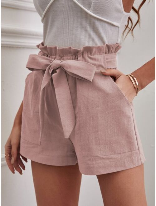 Shein Solid Paper Bag Waist Belted Shorts