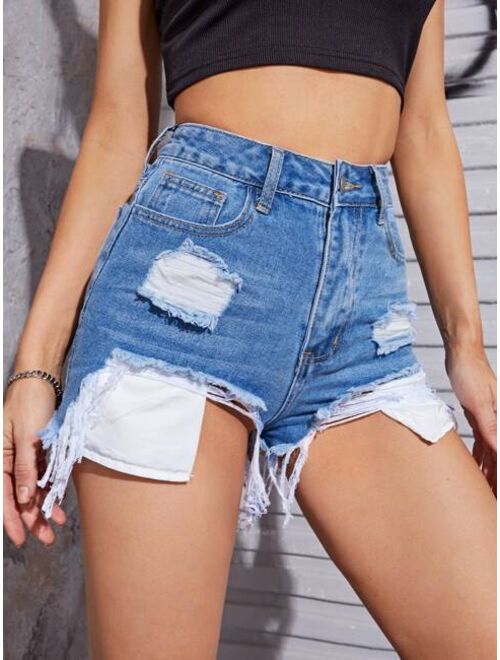 Shein High Waist Ripped Raw Hem Denim Shorts