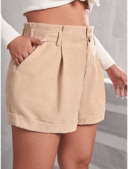 Plus Fold Pleated Slant Pocket Corduroy Shorts