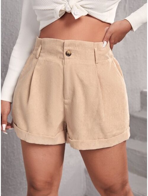 Shein Plus Fold Pleated Slant Pocket Corduroy Shorts