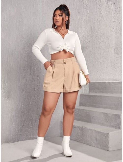 Shein Plus Fold Pleated Slant Pocket Corduroy Shorts
