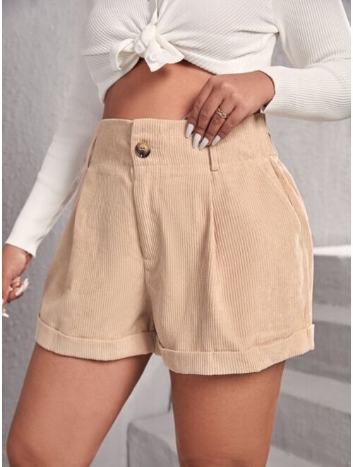 Shein Plus Fold Pleated Slant Pocket Corduroy Shorts