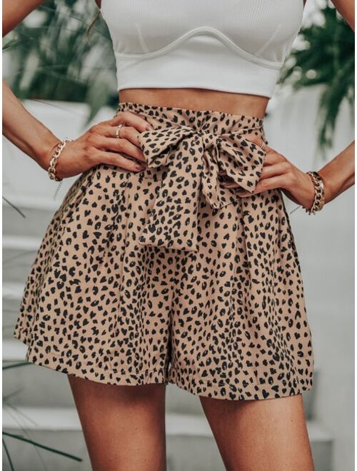 Shein Allover Print Shirred Knot Front Shorts