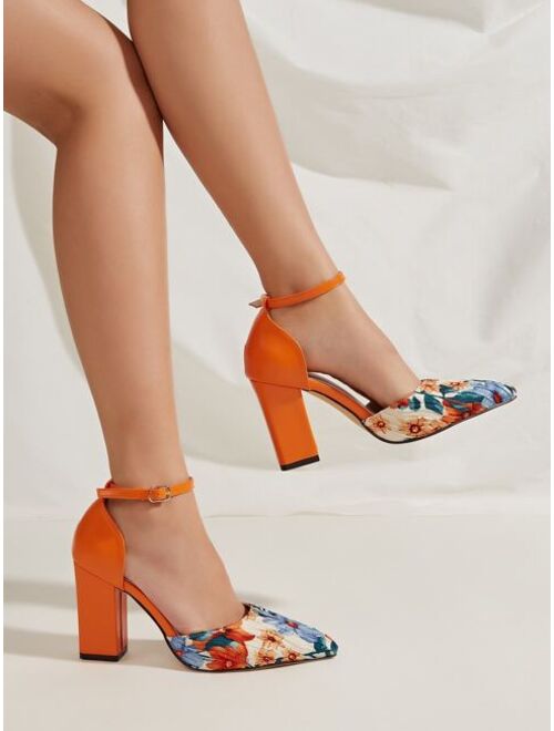 Shein Floral Pattern Chunky Heeled Ankle Strap Pumps