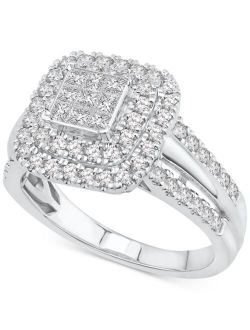 MACY'S Diamond Princess Square Double Halo Cluster Ring (1 ct. t.w.) in 14k White Gold