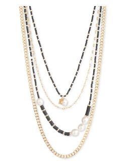 Paris Gold-Tone Logo Charm, Bead & Imitation Pearl Layered Necklace, 16"   3" extender
