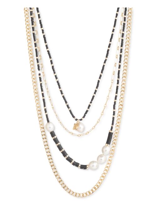 Karl Lagerfeld Paris Gold-Tone Logo Charm, Bead & Imitation Pearl Layered Necklace, 16" + 3" extender