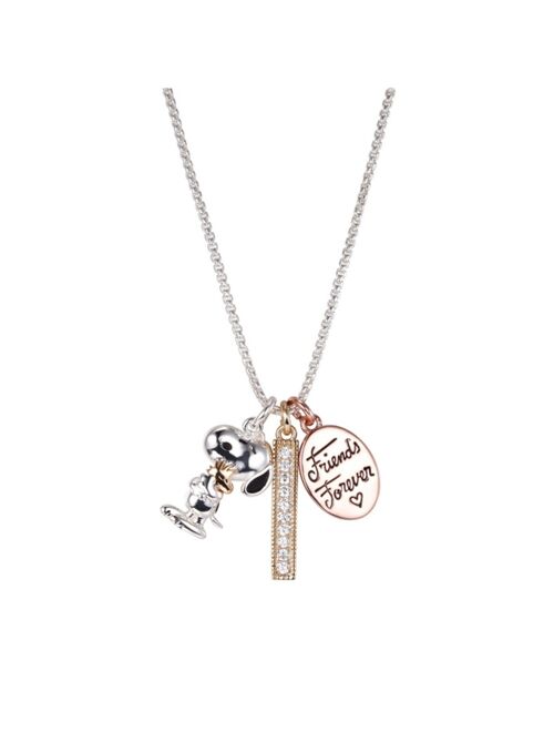 Peanuts Tri-Tone Flash Plated Crystal "Friends Forever" Snoopy Pendant Necklace
