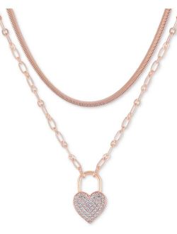 Rose Gold-Tone Pave Heart Padlock Layered Pendant Necklace, 15"   2" extender