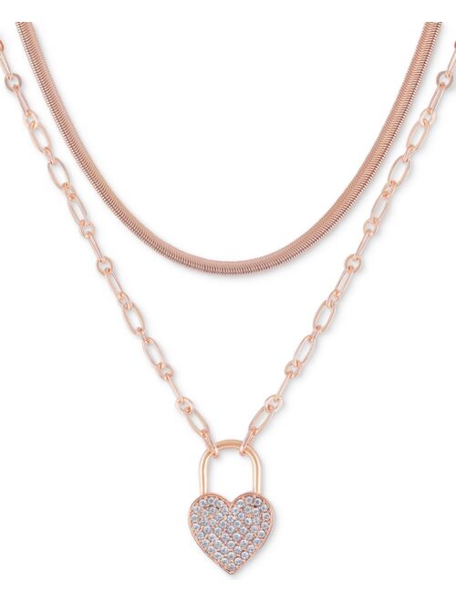 GUESS Rose Gold-Tone Pave Heart Padlock Layered Pendant Necklace, 15" + 2" extender