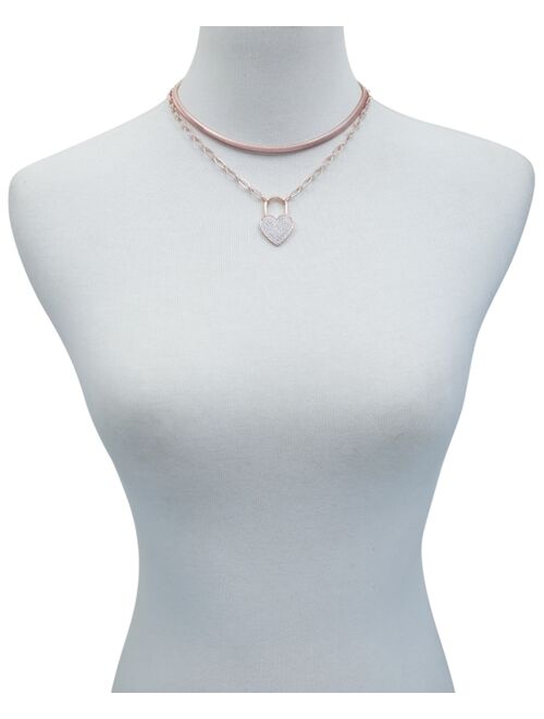 GUESS Rose Gold-Tone Pave Heart Padlock Layered Pendant Necklace, 15" + 2" extender