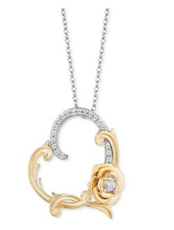 ENCHANTED DISNEY FINE JEWELRY Diamond Belle Rose Heart Pendant Necklace (1/10 ct. t.w.) in Sterling Silver & 14k Gold, 16"   2" extender