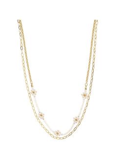 LC Lauren Conrad Gold Tone Two Row White Beaded Flower Necklace