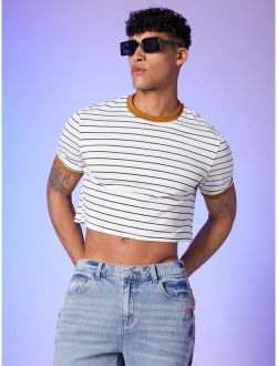 Men Striped Contrast Binding Crop T-Shirt