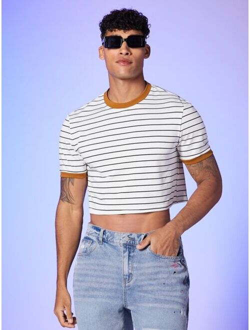 SHEIN Men Striped Contrast Binding Crop T-Shirt