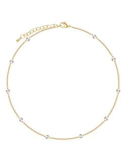 Cowlyn Pearl Choker Dainty Adjustable Necklace 18K Gold Plated Cultured Barque Pearl Tiny Chain Delicate Mother's Valentine Jewelry for Women Girls