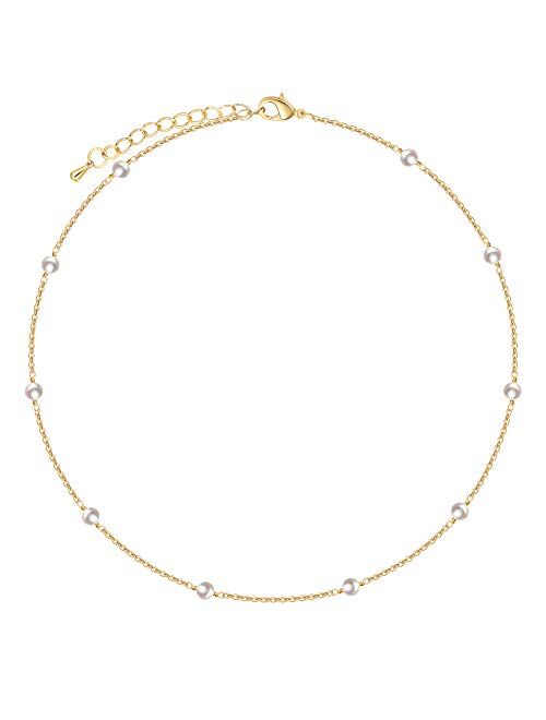 Cowlyn Pearl Choker Dainty Adjustable Necklace 18K Gold Plated Cultured Barque Pearl Tiny Chain Delicate Mother's Valentine Jewelry for Women Girls
