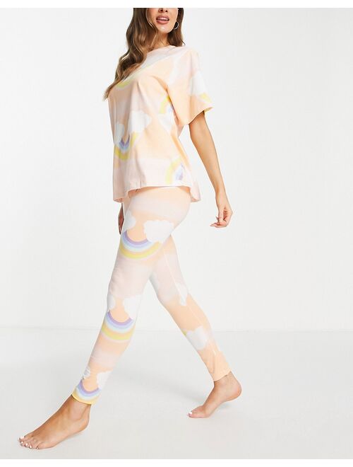 ASOS DESIGN ombre rainbow cloud oversized tee & legging pajama set in peach