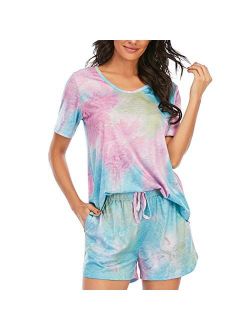 Moyee Womens Pajamas Set Shorts Soft Lounge Sets Cute Short Sleeve Sleepwear Pjs with Pockets