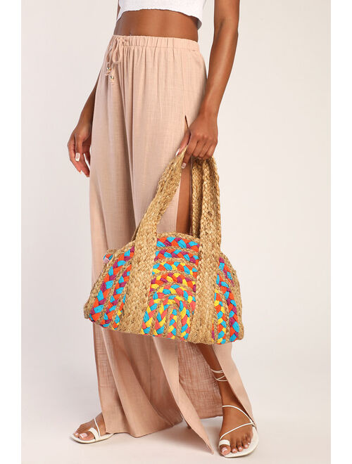 Lulus Braids and Shades Beige and Multi Woven Straw Shoulder Bag