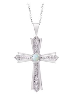 MACY'S Lab-Created Opal Cross 18" Pendant Necklace (1/20 ct. t.w.) in Sterling Silver