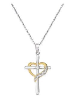 MACY'S Diamond Cross Heart Pendant Necklace (1/10 ct. t.w.) in Sterling Silver and 18K Gold-Plated Sterling Silver