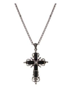 SYMBOLS OF FAITH Silver-Tone Black Crystal Cross Necklace