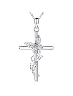 Ashli Jena Gifts for Valentine's Day Cross Necklace for Women Faith Love 925 Sterling Silver Butterfly CZ Diamond Pendant Necklaces Mother's Day Birthday Christmas Jewelr