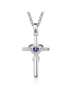 UEUC Sterling Silver Birthstone Cross Necklace for Women Infinity Heart Religious Faith Zircon Cross Necklace for Ladies Jewelry Gifts 18’’+2’’ Chain