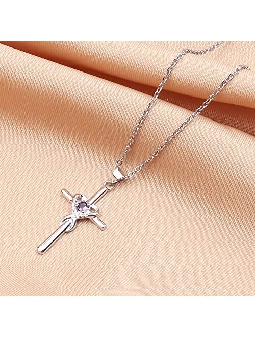 UEUC Sterling Silver Birthstone Cross Necklace for Women Infinity Heart Religious Faith Zircon Cross Necklace for Ladies Jewelry Gifts 18’’+2’’ Chain