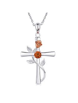 BlingGem Cross Necklace for Women 925 Sterling Silver Birthstone Necklace Rose Cross Pendant 5A Cubic Zirconia 12 Birth Months Anniversary Birthday Jewelry Gift for Women