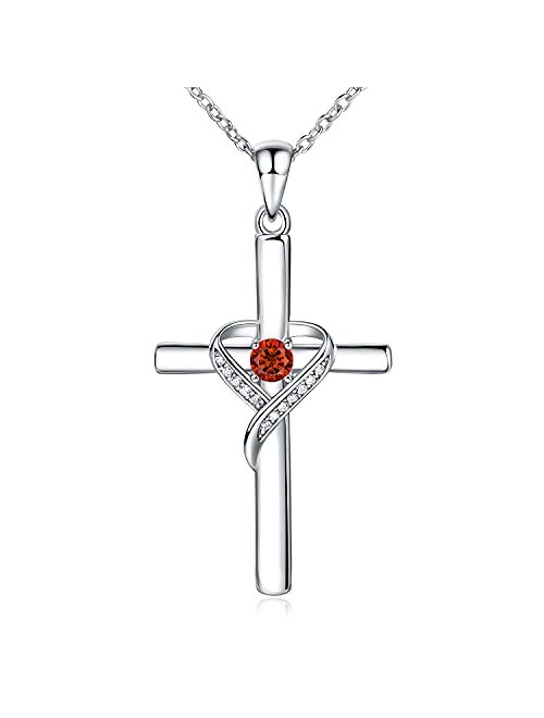 AmorAime 925 Sterling Silver Cross Necklace for Women Large Cross Dainty Birthstone Faith Heart Necklaces for Teen Girls Gifts for Birthday, Graduation or Anniversary