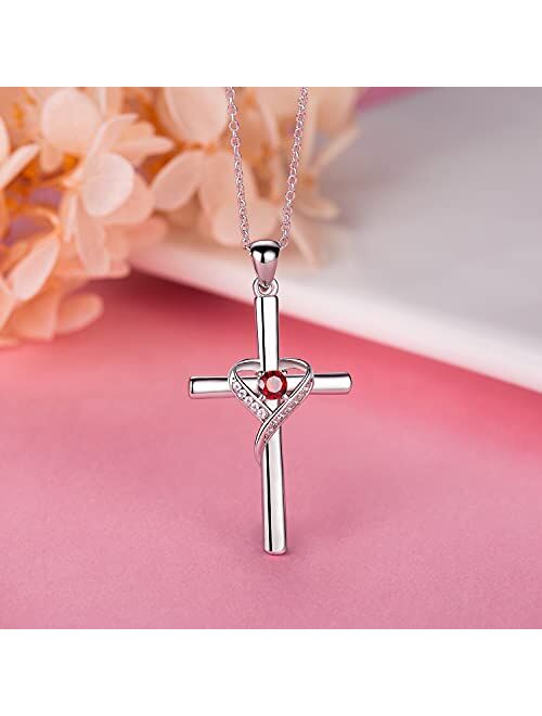 AmorAime 925 Sterling Silver Cross Necklace for Women Large Cross Dainty Birthstone Faith Heart Necklaces for Teen Girls Gifts for Birthday, Graduation or Anniversary