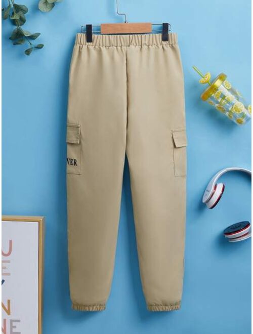Shein Boys Letter Graphic Flap Pocket Tie Front Cargo Pants