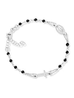925 Sterling Silver Italian Natural Black Spinel Rosary Cross Charm Bead Bracelet for Women Teen Girls, Adjustable Link Chain, Handmade in Italy