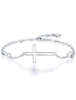 BlingGem Bracelets for Women 925 Sterling Silver Dainty Religious Cross Faith Infinity Heart Love Symbol Sideways Cross God Blessed Bracelet Confirmation Birthday Anniver
