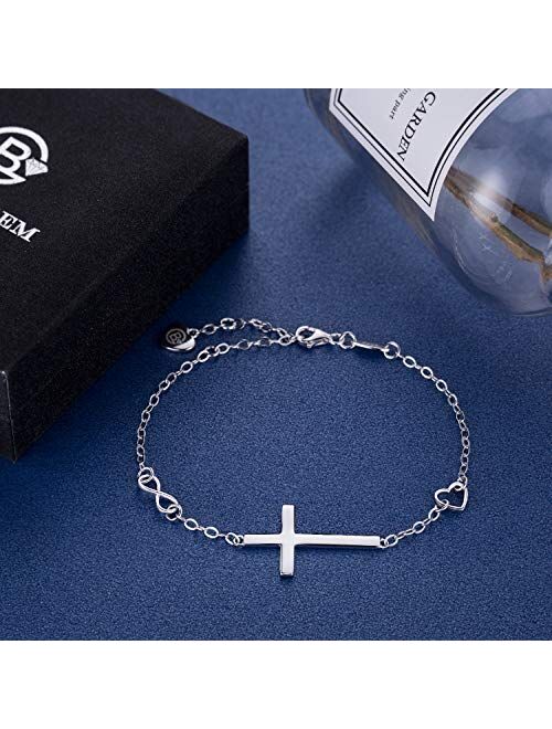 BlingGem Bracelets for Women 925 Sterling Silver Dainty Religious Cross Faith Infinity Heart Love Symbol Sideways Cross God Blessed Bracelet Confirmation Birthday Anniver