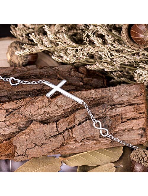BlingGem Bracelets for Women 925 Sterling Silver Dainty Religious Cross Faith Infinity Heart Love Symbol Sideways Cross God Blessed Bracelet Confirmation Birthday Anniver