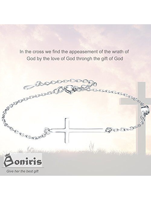 Boniris 925 Sterling Silver Cross Bracelet Womens in Good Faith CZ Chain Bracelet with Cross for Anniversary, Birthday and Graduation (Classic Cross)