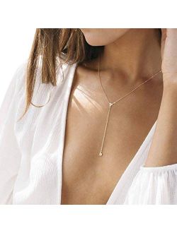 Metzakka Handmade Sterling Silver Lariat Necklace, Simulated Diamond 18K Gold Plated Dainty Drop Y Chain Necklace for Women (Gold)