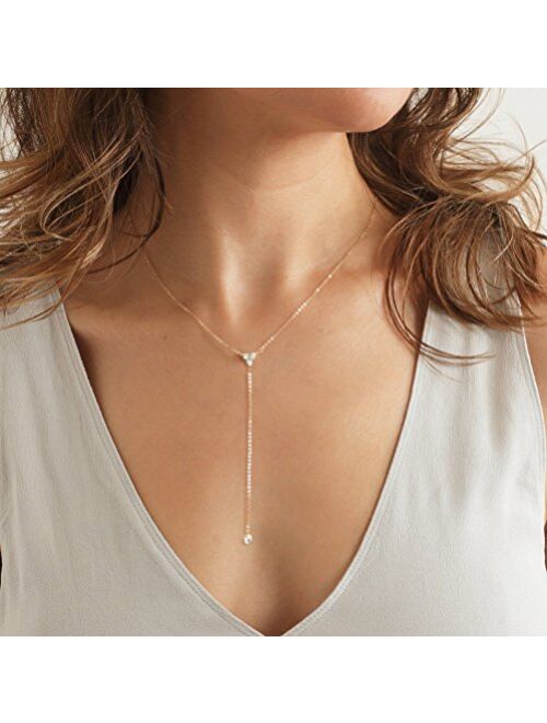 Metzakka Handmade Sterling Silver Lariat Necklace, Simulated Diamond 18K Gold Plated Dainty Drop Y Chain Necklace for Women (Gold)
