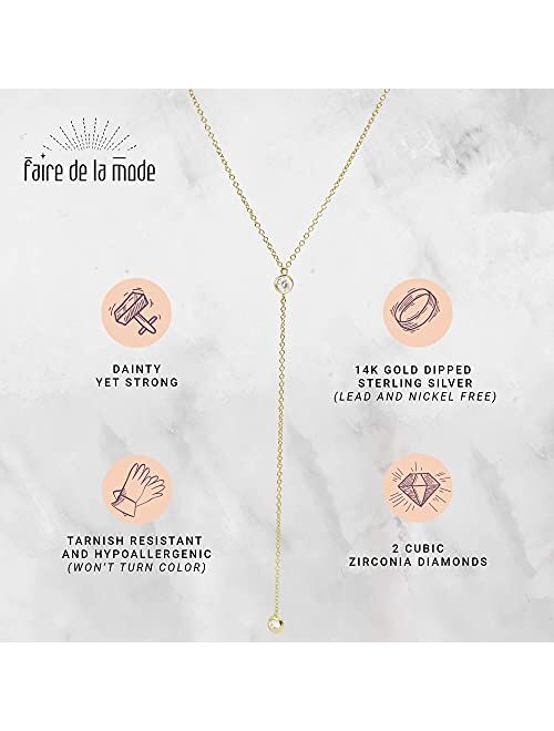 Faire De La Mode Gold CZ Dainty Diamond Drop Lariat Necklace, Lariat Necklaces for Women, 16" to 18" length