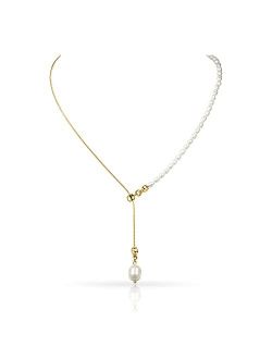 Cowlyn Pearl Pendant Necklace Y-Shaped Lariat Chain 14k Gold Link Drop Long Charm Necklace Jewelry for Women and Girls
