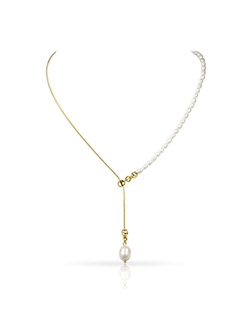Cowlyn Pearl Pendant Necklace Y-Shaped Lariat Chain 14k Gold Link Drop Long Charm Necklace Jewelry for Women and Girls
