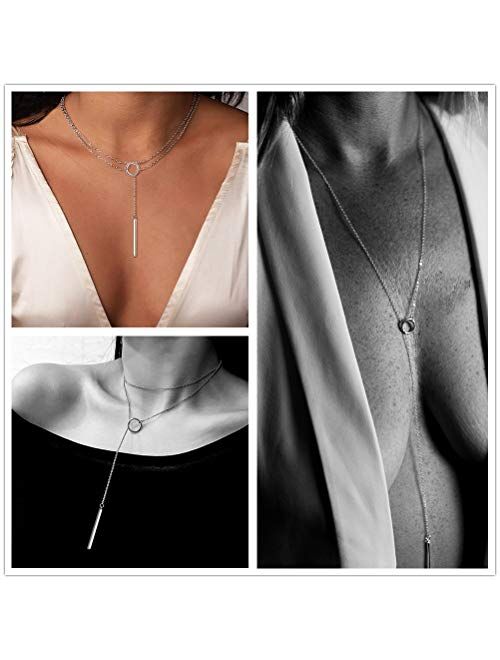 Cosol Silver Open Circle Bar Necklace 925 Sterling Silver Vertical Bar Long Lariat Adjustable Y Necklace