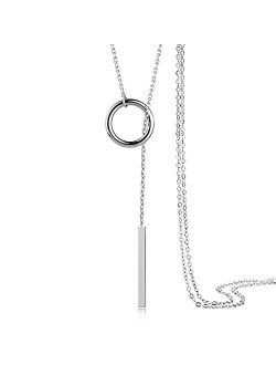 Eiffy 925 Sterling Silver Round Stick Cross Bar Lariat Y Pendant Necklace Long Tassel Sweater Chain for Women Gift