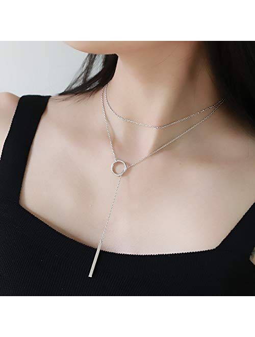 Eiffy 925 Sterling Silver Round Stick Cross Bar Lariat Y Pendant Necklace Long Tassel Sweater Chain for Women Gift