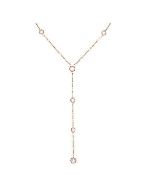 MIA SARINE Yellow Gold Plated Sterling Silver Bezel Set CZ By the Yard Y Style 18 Inch Station Chain Necklace for Women