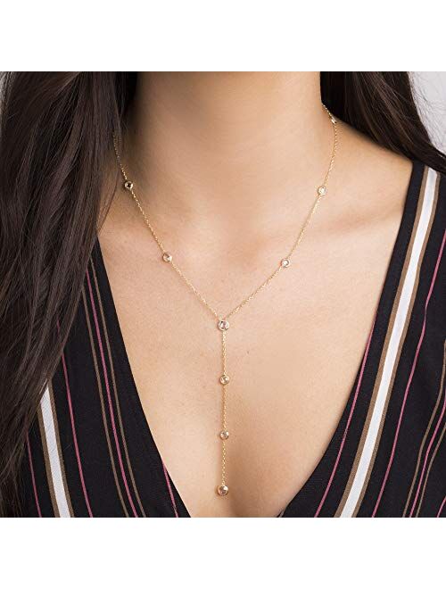MIA SARINE Yellow Gold Plated Sterling Silver Bezel Set CZ By the Yard Y Style 18 Inch Station Chain Necklace for Women