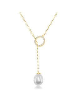 Beaux Bijoux Sterling Silver/Gold Tone Cubic Zirconia Open Circle & Cultured Fresh Water Pearl Y Lariat Necklace